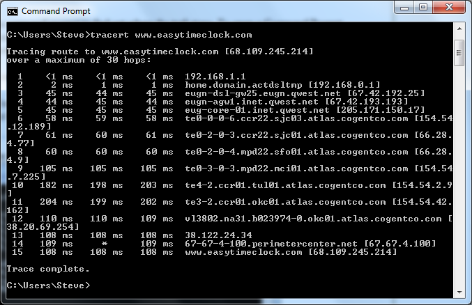 tracert timeclock.easytimeclock.com
